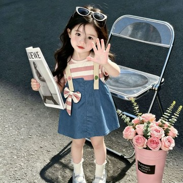 Mini baby🌷夏季條紋短恤配牛仔揹帶裙女童連衣裙氣質韓系風
