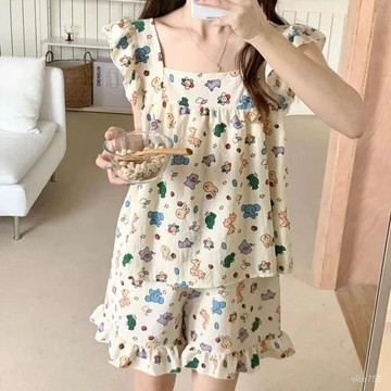 吊帶睡衣 公主風泡泡袖睡衣 棉質睡衣女 可愛睡衣 夏天睡衣 睡衣套裝 日係睡衣 荷葉邊甜美睡衣 居家服兩件套//薇衣