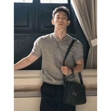 美式亨利領短袖polo衫男款夏季老錢風正肩針織t恤人夫感健身半袖短袖 美式 T恤 亨利領短袖 男士