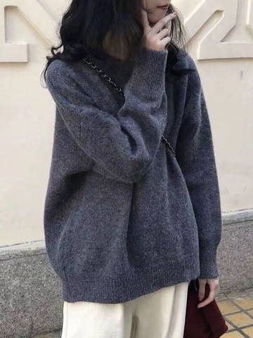 復古港味套頭毛衣女秋冬外穿2021新款韓版寬松港風針織衫上衣加厚