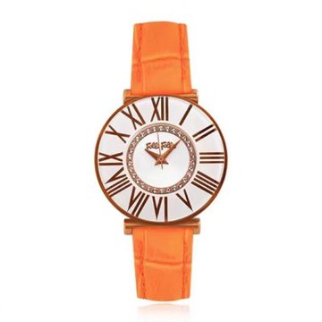 Folli Follie  29毫米 復古時尚 羅馬字盤 鱷魚壓紋真皮腕錶(玫瑰金X橘 FF488524)