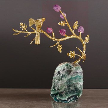 輕奢高級感擺件喜鵲銅鳥上枝頭客廳鎮宅設天然水晶石喬遷裝飾禮品