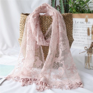 沛錦蕾絲圍巾春夏小流蘇日系絲巾甜美公主洛麗塔朦朧網紗蕾絲紗巾1入