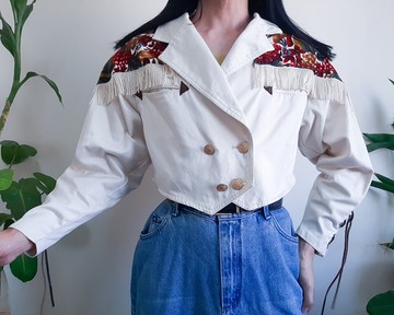 復古棉質燈芯絨短夾克 水果印花短夾克 中號