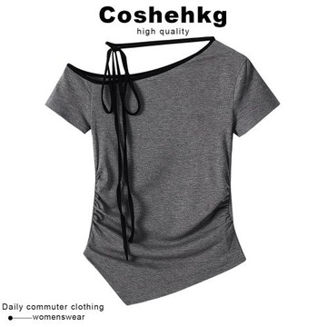 Coshehkg美式甜辣不規則斜肩系帶修身T恤女夏季新款褶皺收腰上衣