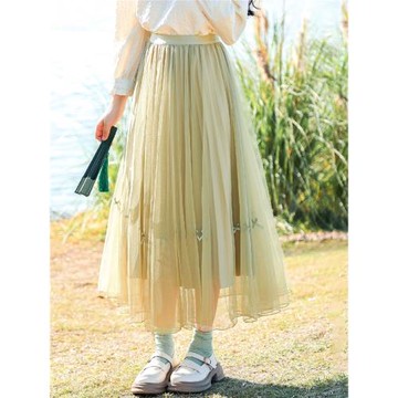 白漉 文藝小清新淺綠色蝴蝶結網紗半身裙2025春季新品高腰a字裙