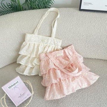 65157 薄荷綠層疊荷葉邊托特包刺繡提花文藝青年夏日出游隨身單肩
