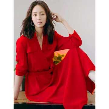 歐貨女裝春秋新款職業長裙明星同款高級感襯衫裙中長款紅色連衣裙