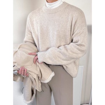 MRCYC圓領毛衣男士秋冬季韓系寬松潮流慵懶風加厚套頭長袖針織衫