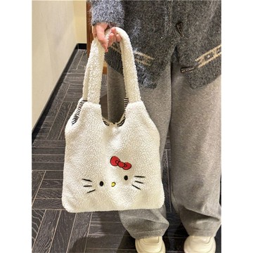 kitty肩背包 新款卡通kitty大容量毛毛單肩包女可愛毛絨新款托特通勤秋冬包包