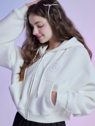 Round Logo Cropped Hooded Zip-Up [Cream]