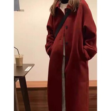 酒紅色雙面羊絨大衣女長款2024秋季新款修身顯瘦赫本過膝毛呢外套