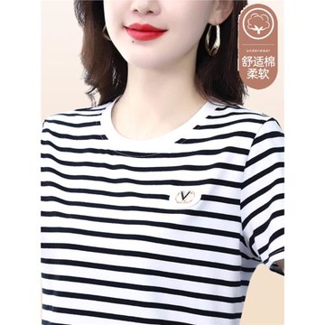 黑白條紋短袖t恤女士夏季2025新款圓領中年媽媽洋氣純棉休閑上衣