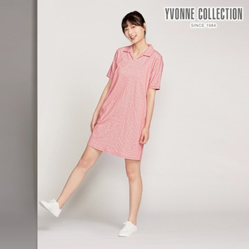 YVONNE 以旺傢飾 直條提花襯衫領短袖洋裝-粉