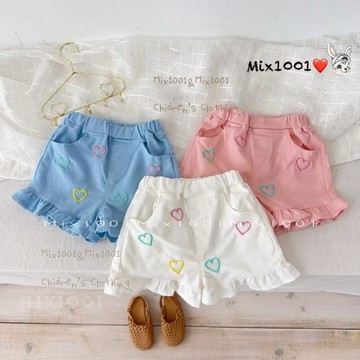 🌈✨mix1001 韓版 泡泡糖色系 刺繡愛心短褲✨兒童荷葉花邊愛心短褲5-17