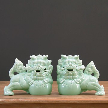 中式冰裂釉工藝擺件中劍陶瓷獅子 一對陶瓷器家居家裝飾品