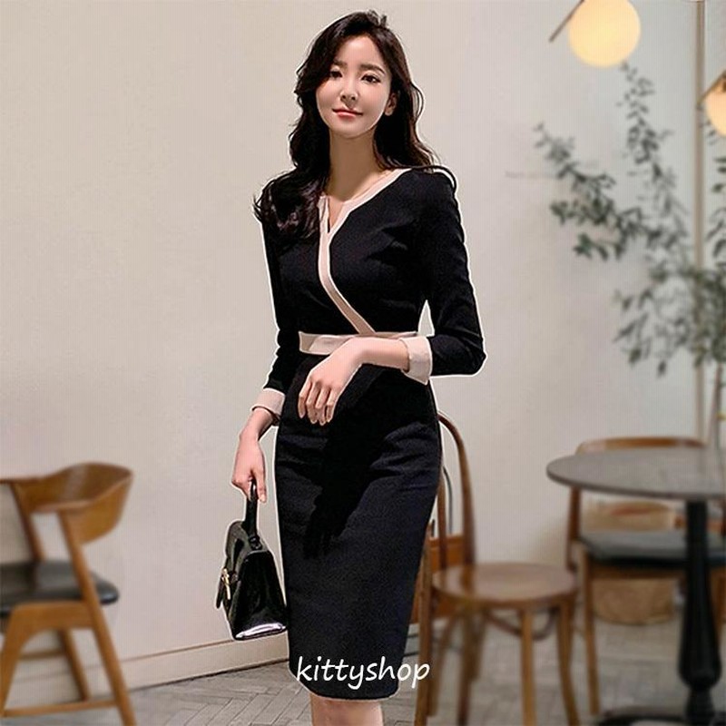 満点の タイトワンピース 黒 ブラック 韓国風ワンピース OL 通勤 事務服 ジャケット・アウター