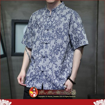 現貨3XL快速出貨｜夏季新中式男唐裝短袖襯衫・藍色棉麻寬鬆休閒盤扣上衣｜文青風百搭款・風采｜水水女人國