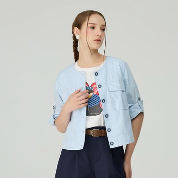 OUWEY歐薇 七分袖條紋口袋外套(淺藍；S-L)