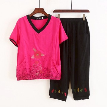刺繡棉麻兩件套 夏裝V領暗花紋拼色套頭上衣+松緊腰時尚闊腿褲女