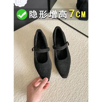 羊毛版~7cm小個子內增高法式毛呢一字扣瑪麗珍鞋女粗跟加絨毛毛鞋