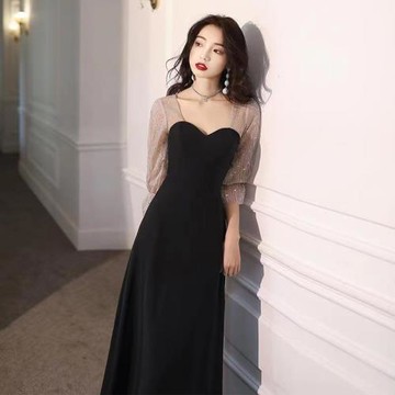 黑色小晚禮服女2024新款平時可穿高端宴會氣質長款生日洋裝連衣裙