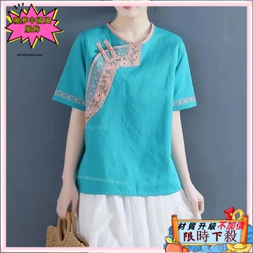 ✨免運出貨 【6106次迴購】夏季新款民族風繡花棉麻襯衫女寬鬆圓領拚色盤扣複古純棉短袖T恤 YUEY