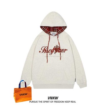 美式復古貼布繡格子拼接連帽衛衣男秋冬季套頭慵懶風純棉帽衫外套