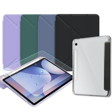 VXTRA 軍事防摔級 三星 Galaxy Tab S10 FE+ Y折晶透背蓋立架皮套+9H玻璃貼(合購價) X620 X626