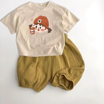 ARY 女童套裝 女童夏裝 寶寶短袖套裝 兒童夏季短袖套裝新款卡通印花圓領上衣男女童寶寶寬松五分南瓜褲