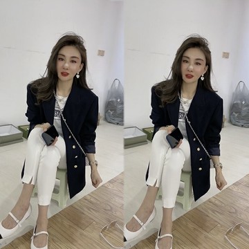 王穎精品服飾店抖音同款春秋深藍色學院風西服外套白色緊身小腳褲