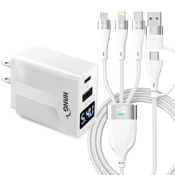 HANG QC+PD雙孔+電壓顯示充電器白+MyStyle 二出三 6用型快充線-白
