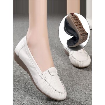 夏季真皮媽媽鞋護士防滑孕婦單鞋軟底女鞋豆豆鞋中老年人平底皮鞋