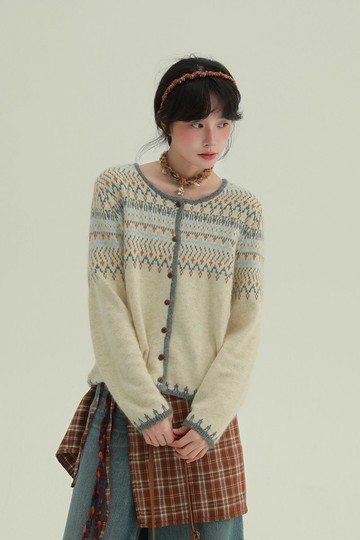 米杏色 民族風費爾島毛衣開衫 文藝舒適簡約百搭休閒針織衫