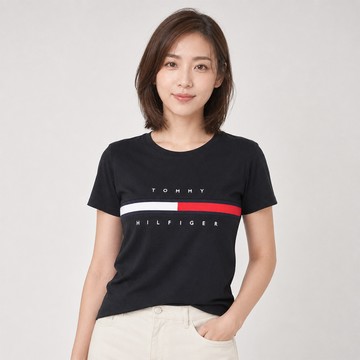 TOMMY 熱銷刺繡文字Logo圖案短袖T恤(女)-黑色