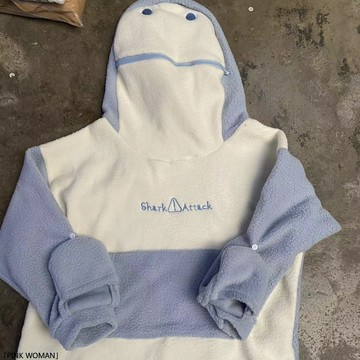 春季自閉鯊魚衛衣女冬季軟萌可愛情侶連帽羊羔絨加絨外套