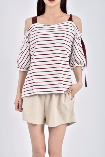 (M) dita質感條紋肩帶一字領白色短袖上衣