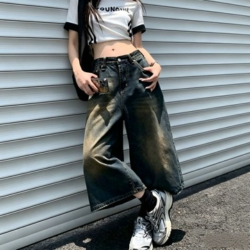 【T-2】❤【隔日到貨】做舊藍高腰闊腿牛仔短褲女 夏季新款小個子七分褲 寬鬆顯瘦直筒中褲