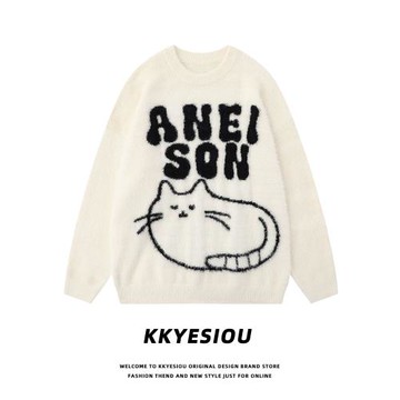 KKyesiou美式復古學院風貓咪情侶針織衫男女vintage寬松毛衣外套