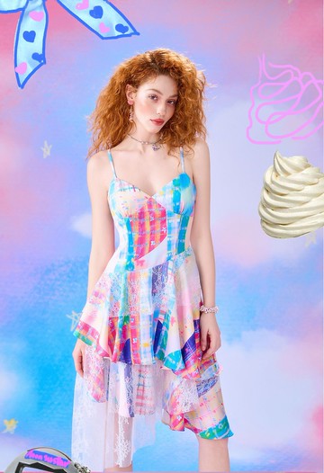 原創設計格紋拼接蕾絲設計師款拼接吊帶裙