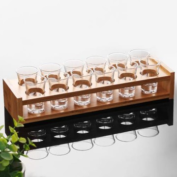 子彈杯烈酒杯云吞杯杯架套裝竹制小烈酒杯玻璃杯白酒一口杯架創意