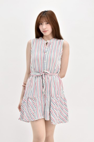 (S) han tao hui ping韓牌條紋無袖白色綁帶洋裝