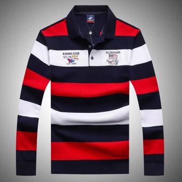 鯊魚男士秋裝商務長袖T恤純棉寬松大碼立領POLO衫彩色條紋打底衫