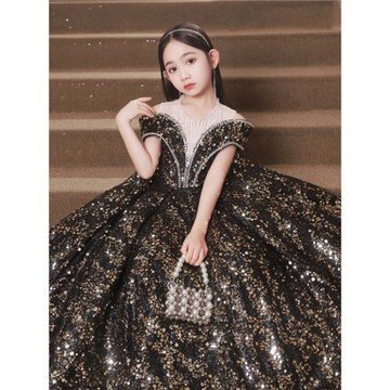 2025新款禮服女大童晚禮服亮片綁帶黑色公主裙高端鋼琴主持演出服
