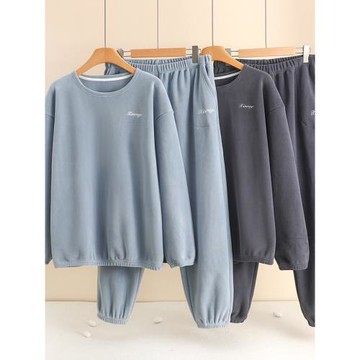 秋冬睡衣男款珊瑚絨加厚保暖家居服休閑圓領外穿套頭法蘭絨兩件套