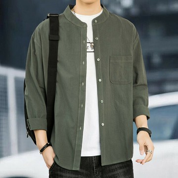 立領襯衫男 棉時尚百搭長袖襯衫 寬鬆舒適 素色口袋 居家交友購物休閒襯衫 耐磨透氣吸汗男生襯衫
