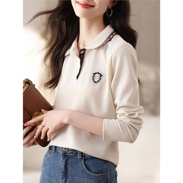 專柜品質學院風翻領繡花上衣25秋新款休閑舒適時尚百搭柔軟T恤女