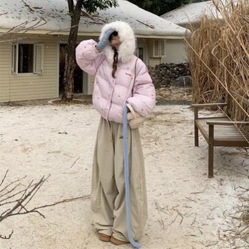 呆呆文美式設計感條紋蝴蝶結毛領連帽棉服外套冬季加厚保暖棉衣女