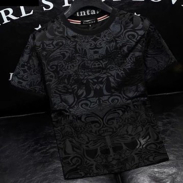 歐洲站夏季新款潮流花紋圓領短袖T恤男士鏤空透氣修身半袖體恤潮