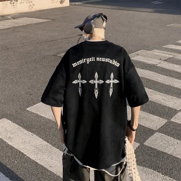 美式復古麂皮絨短袖男潮牌潮流t恤寬松做舊十字架高級感印花半袖